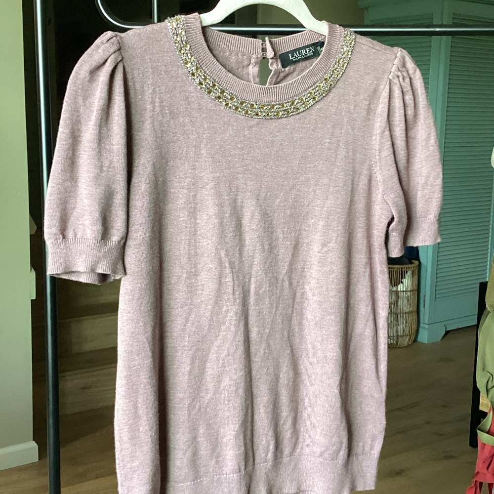 Ralph Lauren Embellished Neck Puff Sleeve Knit Top in Dusty Pink